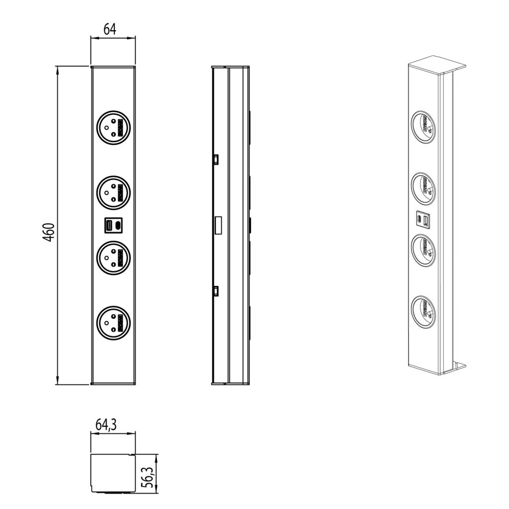 Bloc 4 prises + USB (A - V) (460 x 65 x 55mm) avec 2 pièces de réglage (h.90 et 150mm) fournies permettant d'ajuster la hauteur - finition noir mat- 16A - 230V - 2P+T