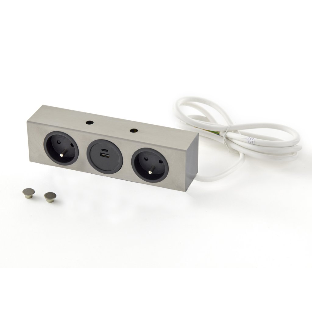 Bloc central - finition inox brossé - 2 prises 16A - 240V - 2P+T + USB-A + USB-C