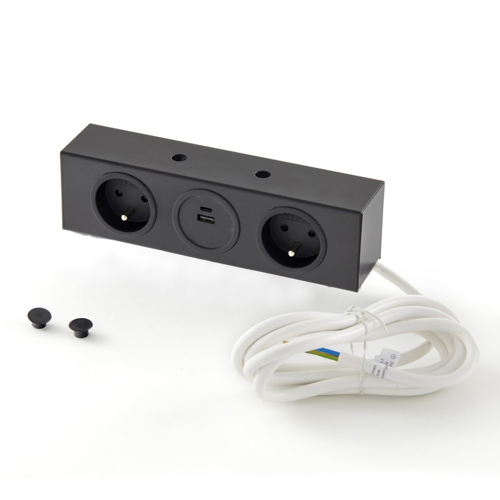 Bloc central - finition noir mat - 2 prises 16A - 230V - 2P+T + USB-A + USB-C