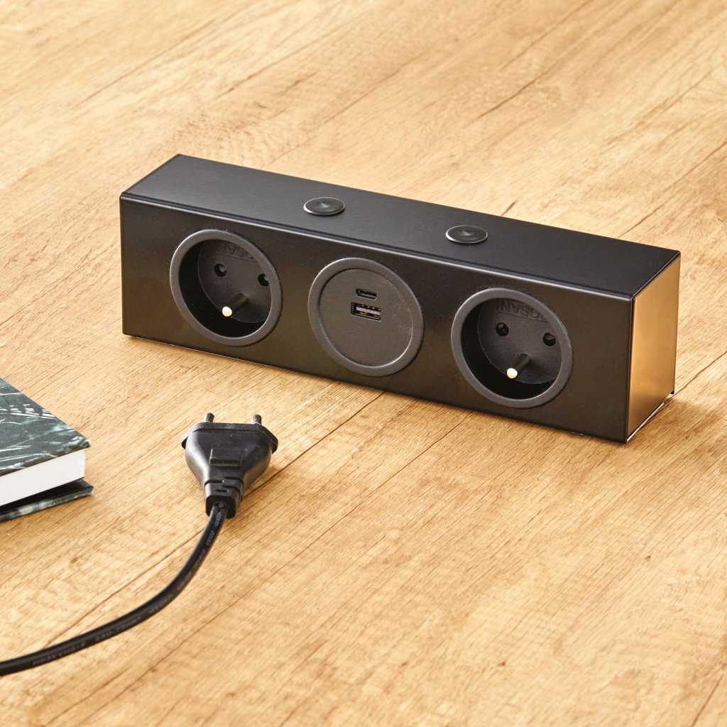 Bloc central - finition noir mat - 2 prises 16A - 230V - 2P+T + USB-A + USB-C