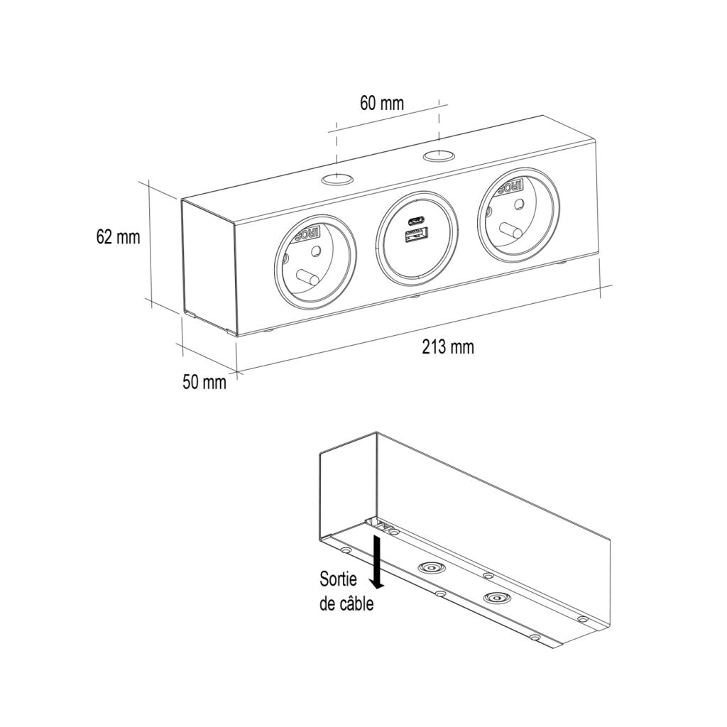 Bloc central - finition noir mat - 2 prises 16A - 230V - 2P+T + USB-A + USB-C