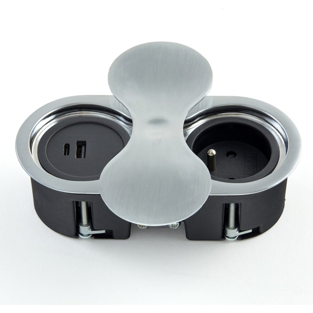 Bloc EIGHT affleurant - finition inox brossé - 1 prise 16A-230V-2P+T + USB-A + USB-C