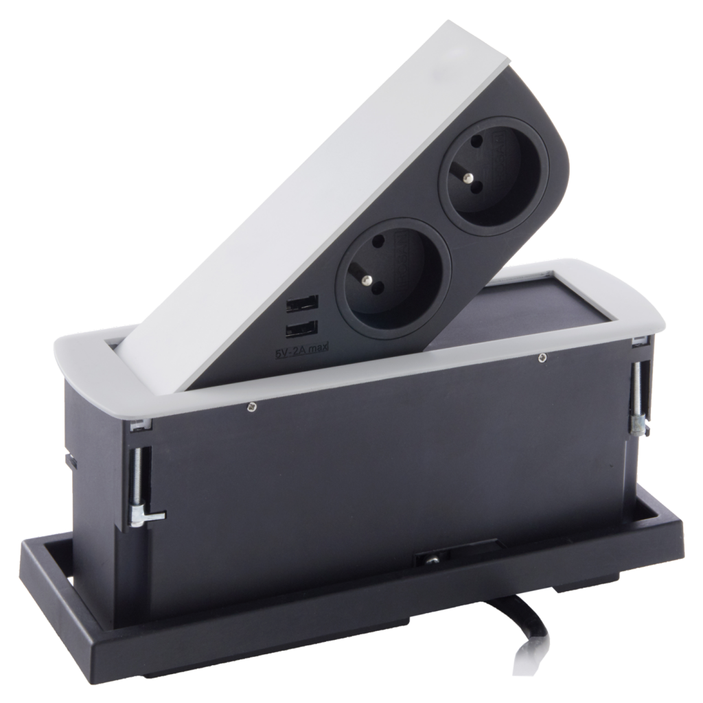 Bloc 2 prises + 2 USB (2A - 5V) CIZO affleurant à encastrer dans le plan de travail de 5 à 40mm (avec une réhausse incluse) - finition blanc mat (RAL 9010) - 16 A - 230V - 2P+T