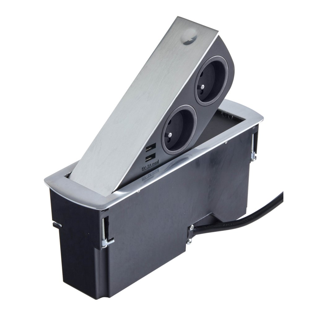 Bloc 2 prises + 2 USB (2A - 5V) CIZO affleurant à encastrer dans le plan de travail de 5 à 40mm (avec une réhausse incluse) - finition inox brossé - 16 A - 230V - 2P+T