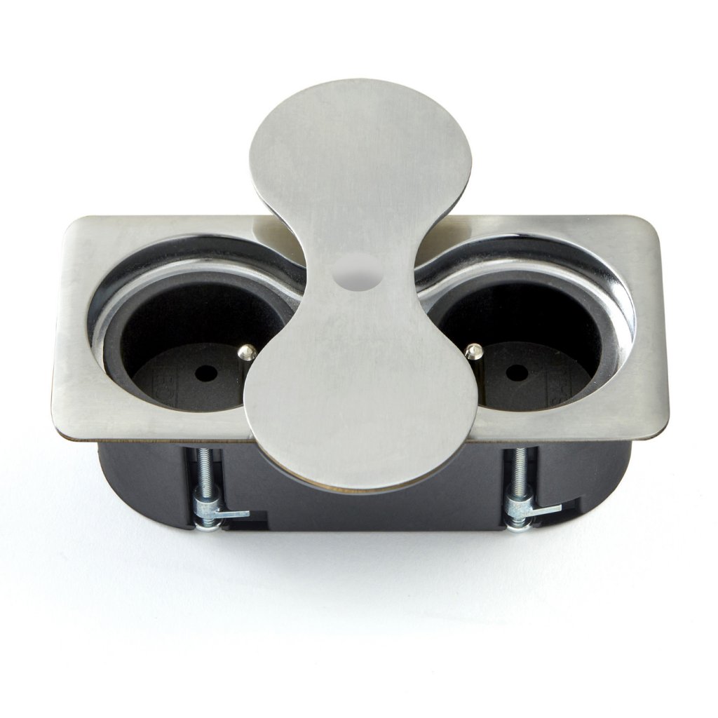 Bloc 2 prises EIGHT rectangulaire affleurant à encastrer dans un plan de travail de 5 à 40mm - finition inox brossé- 16A - 230V - 2P+T