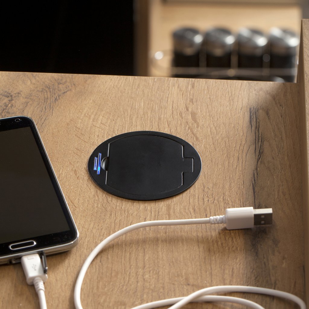 Bloc prise + USB (1A - 5V) affleurant DISC avec clapet à encastrer dans un plan de travail de 5 à 45mm - finition noir mat (RAL 9005) - 16A - 230V - 2P+T