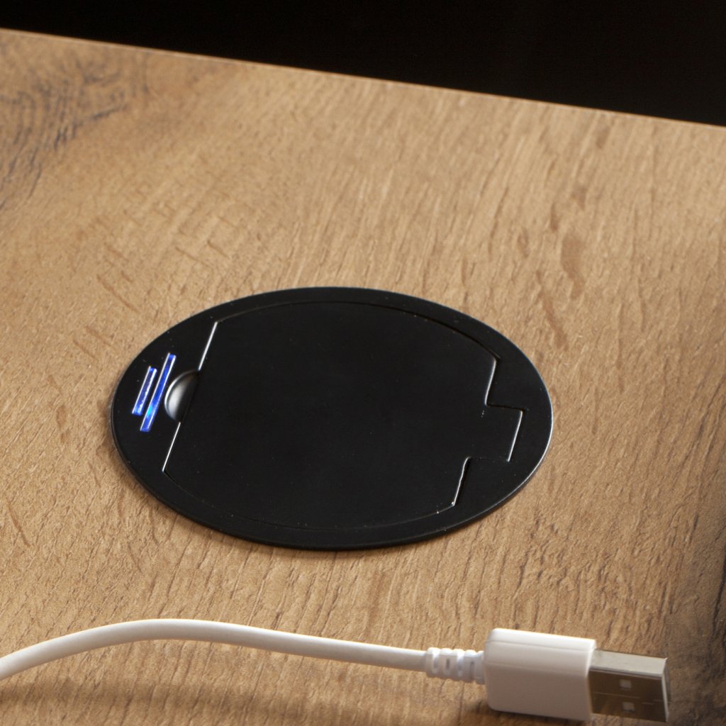 Bloc prise + USB (1A - 5V) affleurant DISC avec clapet à encastrer dans un plan de travail de 5 à 45mm - finition noir mat (RAL 9005) - 16A - 230V - 2P+T