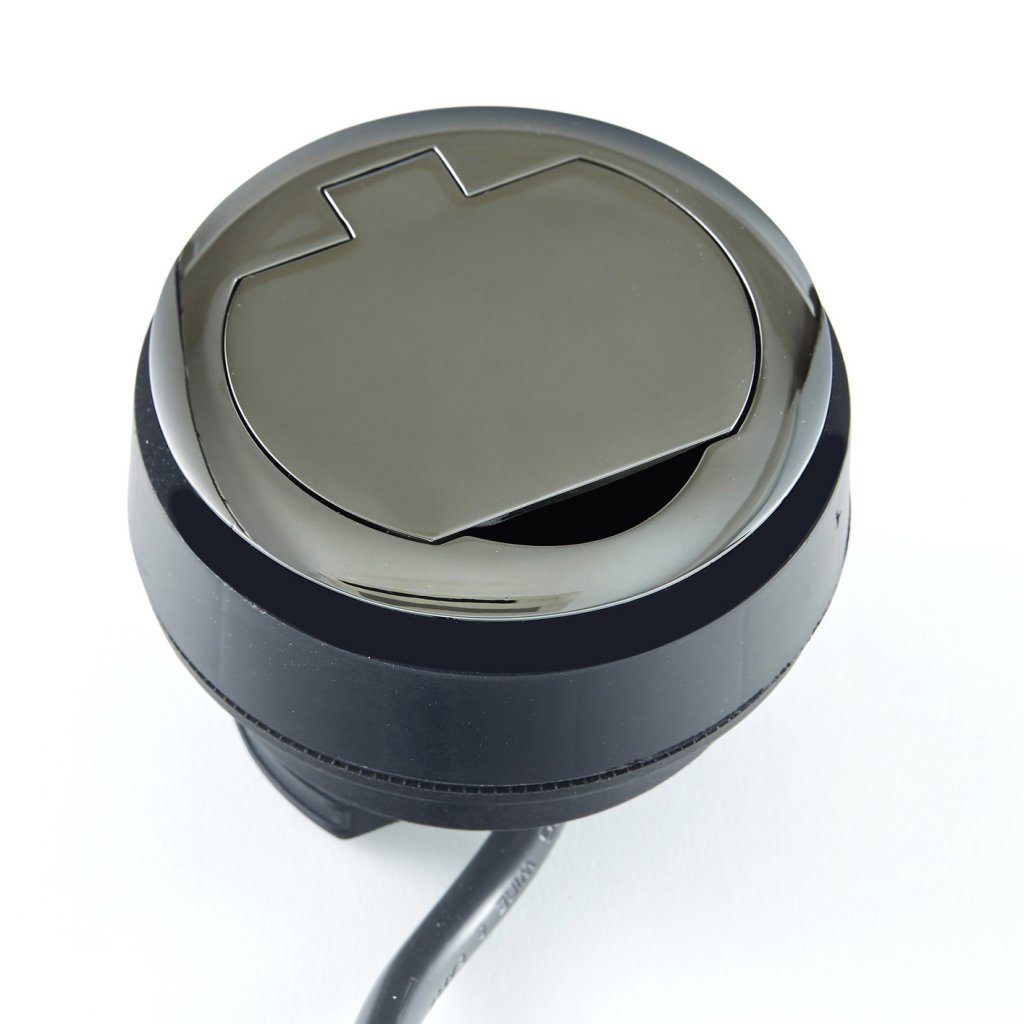 Bloc prise + USB (1A - 5V) affleurant RING à clapet avec système d'assistance à l'ouverture et à la fermeture à encastrer dans un plan de travail de 5 à 45mm - finition chrome noir - 16A - 230V - 2P+T