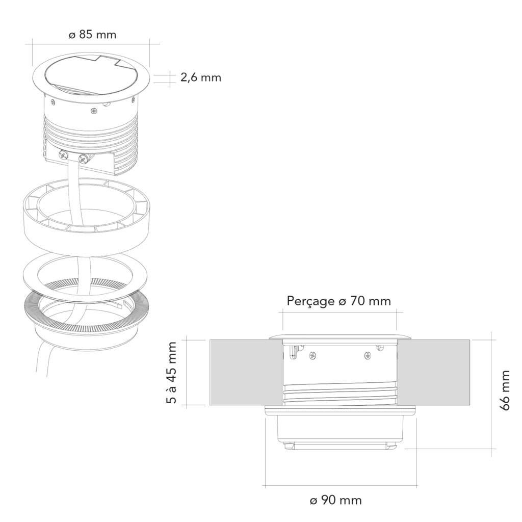 Bloc prise + USB (1A - 5V) affleurant RING à clapet avec système d'assistance à l'ouverture et à la fermeture à encastrer dans un plan de travail de 5 à 45mm - finition chrome noir - 16A - 230V - 2P+T
