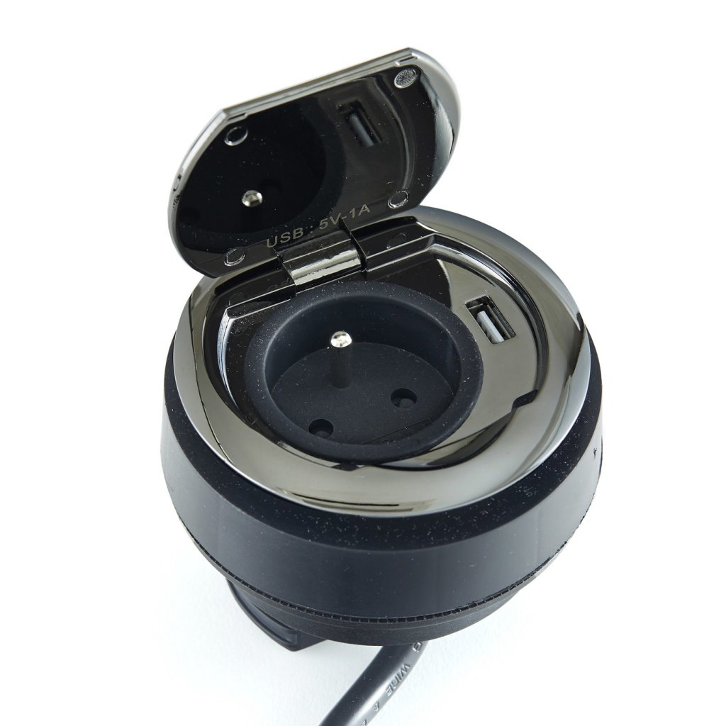 Bloc prise + USB (1A - 5V) affleurant RING à clapet avec système d'assistance à l'ouverture et à la fermeture à encastrer dans un plan de travail de 5 à 45mm - finition chrome noir - 16A - 230V - 2P+T