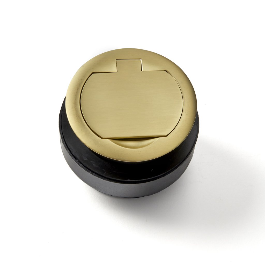 Bloc prise + USB (1A - 5V) affleurant RING à clapet avec système d'assistance à l'ouverture et à la fermeture à encastrer dans un plan de travail de 5 à 45mm - finition or mat- 16A - 230V - 2P+T