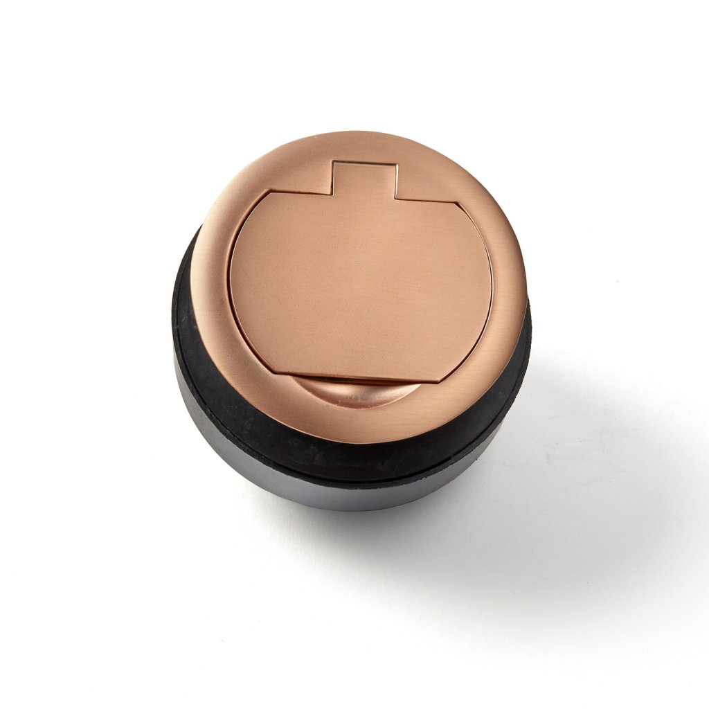 Bloc prise + USB (1A - 5V) affleurant RING à clapet avec système d'assistance à l'ouverture et à la fermeture à encastrer dans un plan de travail de 5 à 45mm - finition cuivre mat- 16A - 230V - 2P+T