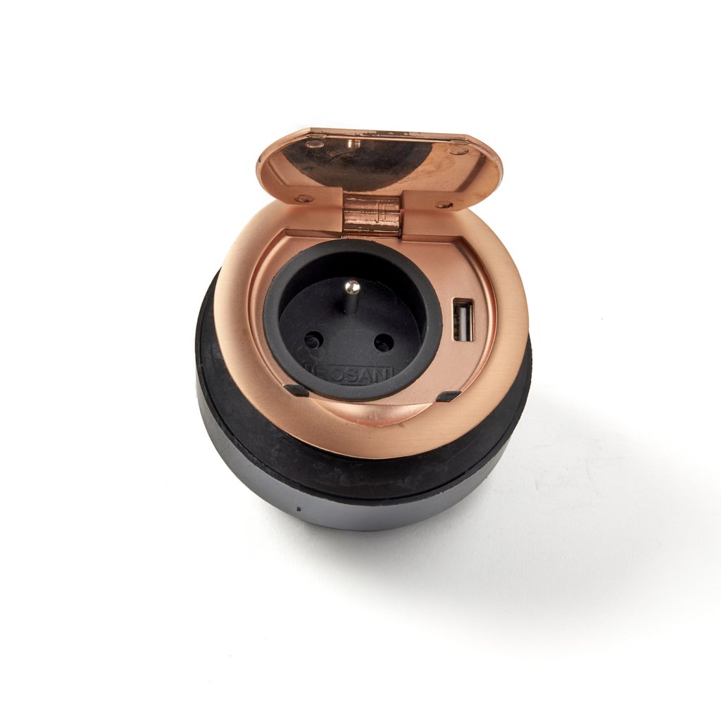 Bloc prise + USB (1A - 5V) affleurant RING à clapet avec système d'assistance à l'ouverture et à la fermeture à encastrer dans un plan de travail de 5 à 45mm - finition cuivre mat- 16A - 230V - 2P+T