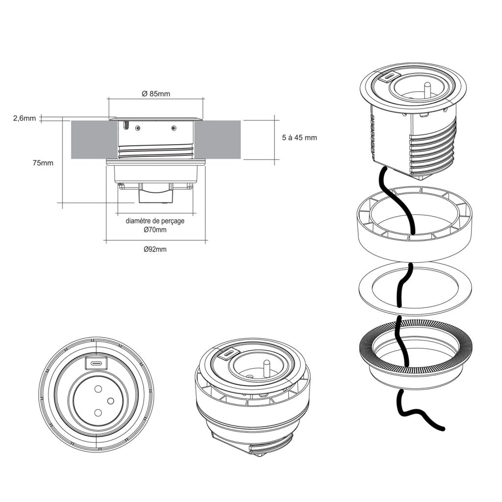 Bloc prise + USB-C DOT sans clapet- Affleurant -Finition Noir mat- 16A - 230V -2P+1T
