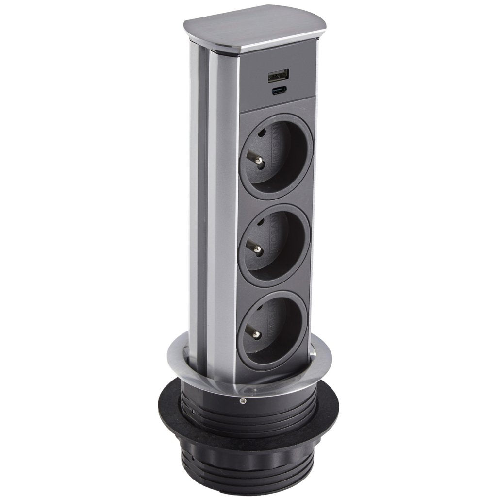 Prise de sol escamotable électrique 16A 2P+T et Rj45 Cat 6 alu brossé
