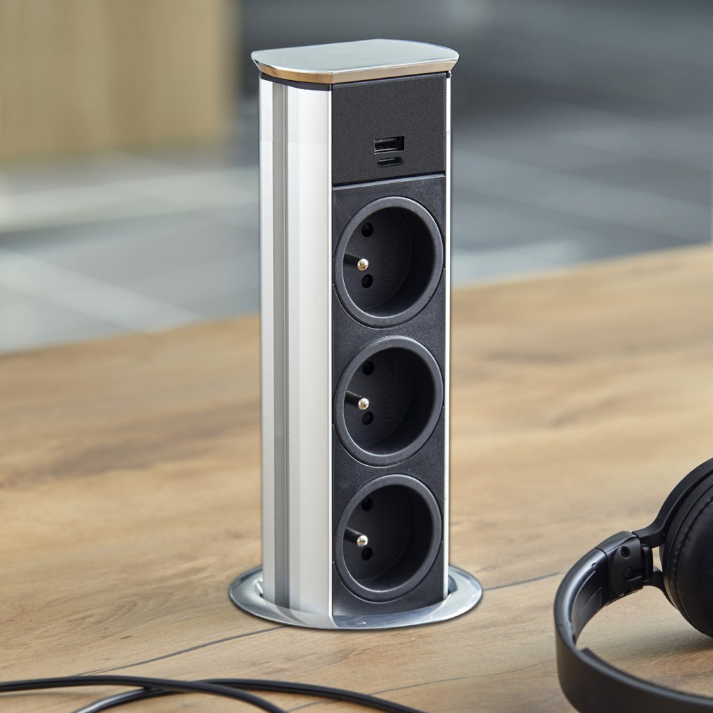 Bloc 3 Prises + USB-A + USB-C BRICK rétractable - inox brossé