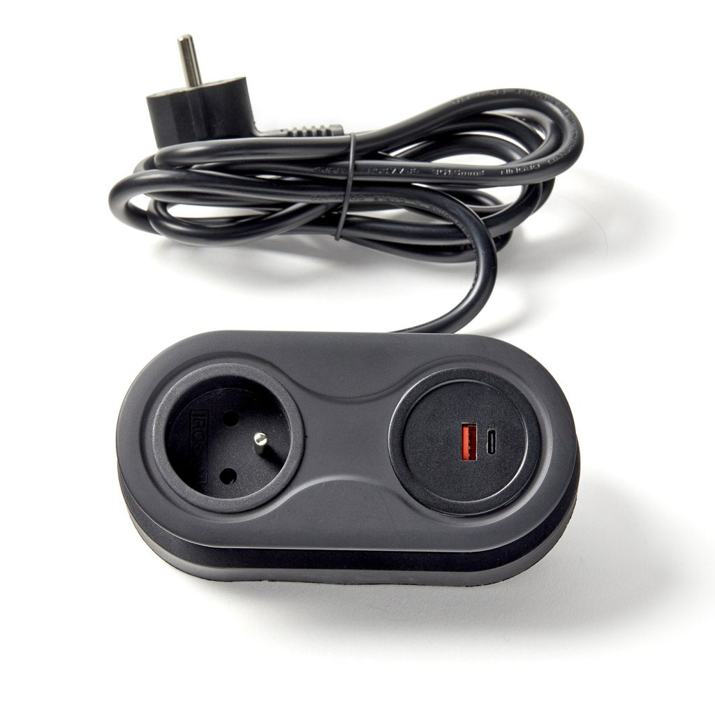 Bloc prises INFINI sans clapet - Finition Noir - 1 prise 16A-230V-3680W maxi + USB-A + USB-C