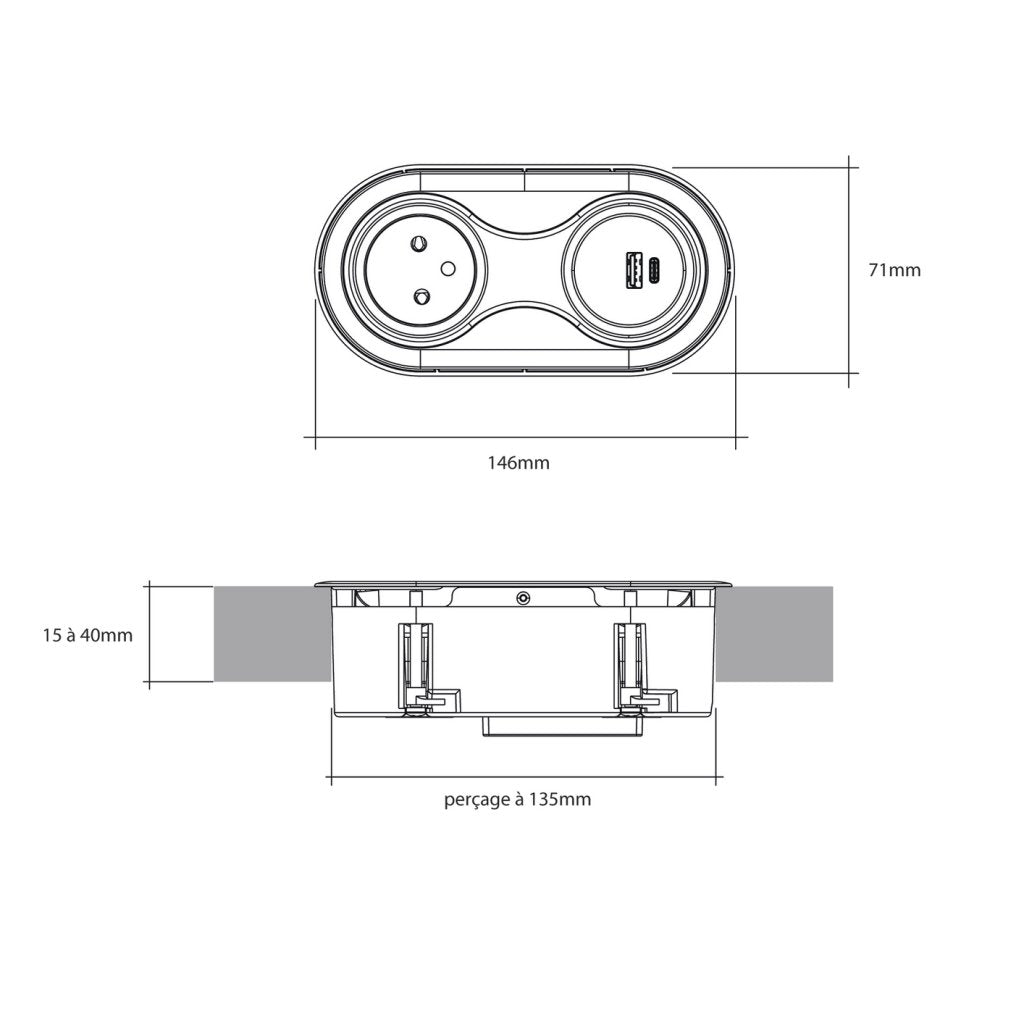 Bloc prises INFINI sans clapet - Finition Blanc mat - 1 prise 16A-230V-3680W maxi + USB-A + USB-C