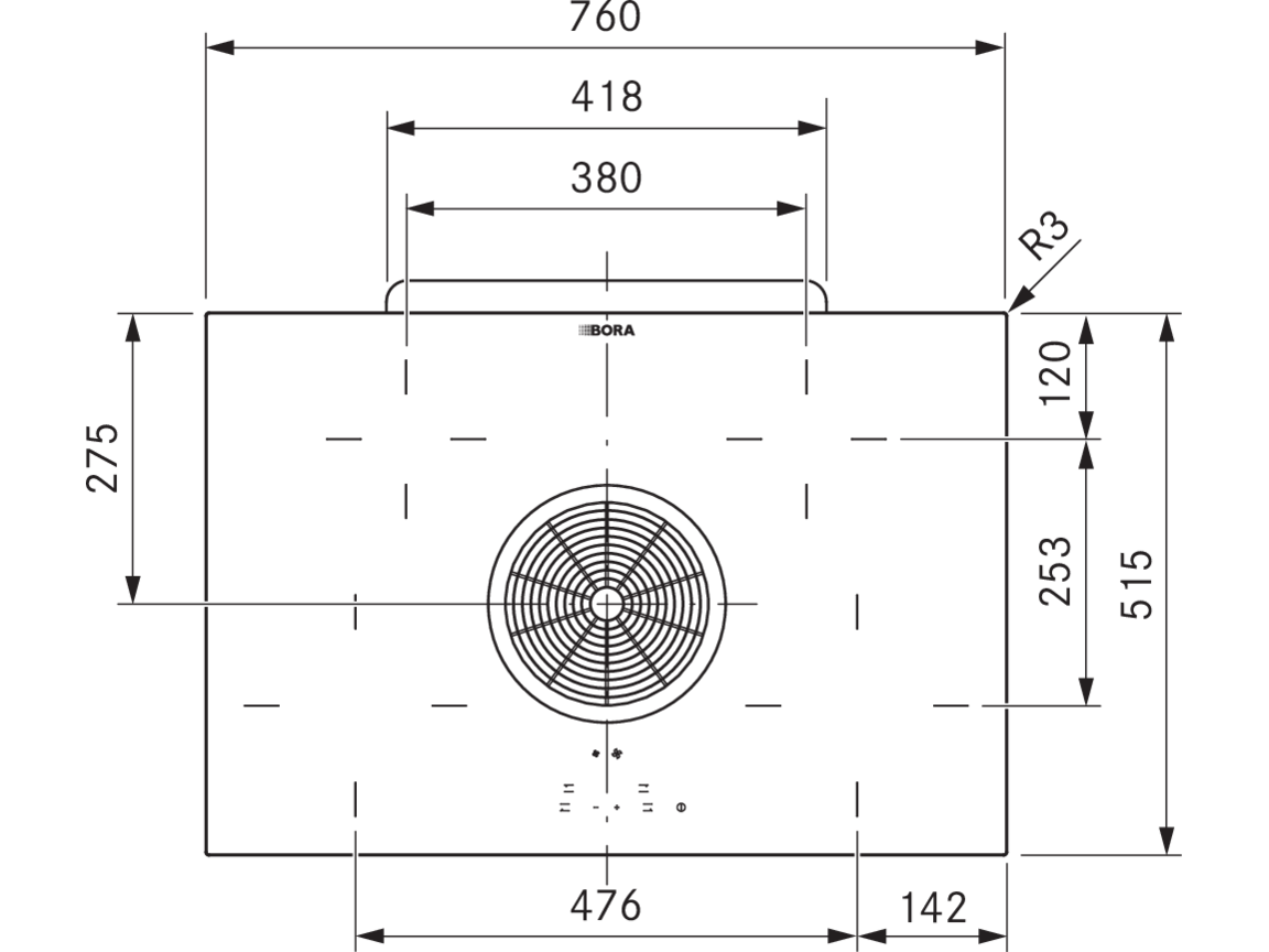 Schéma vue de dessus de la table BORA Basic BHA et de ses quatre zones de cuisson