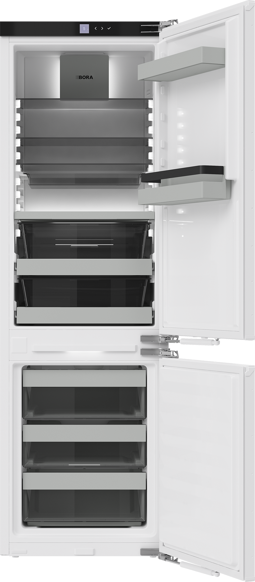 Intérieur du BORA Cool Combi C178KG : réfrigérateur en haut, tiroirs de congélation en bas