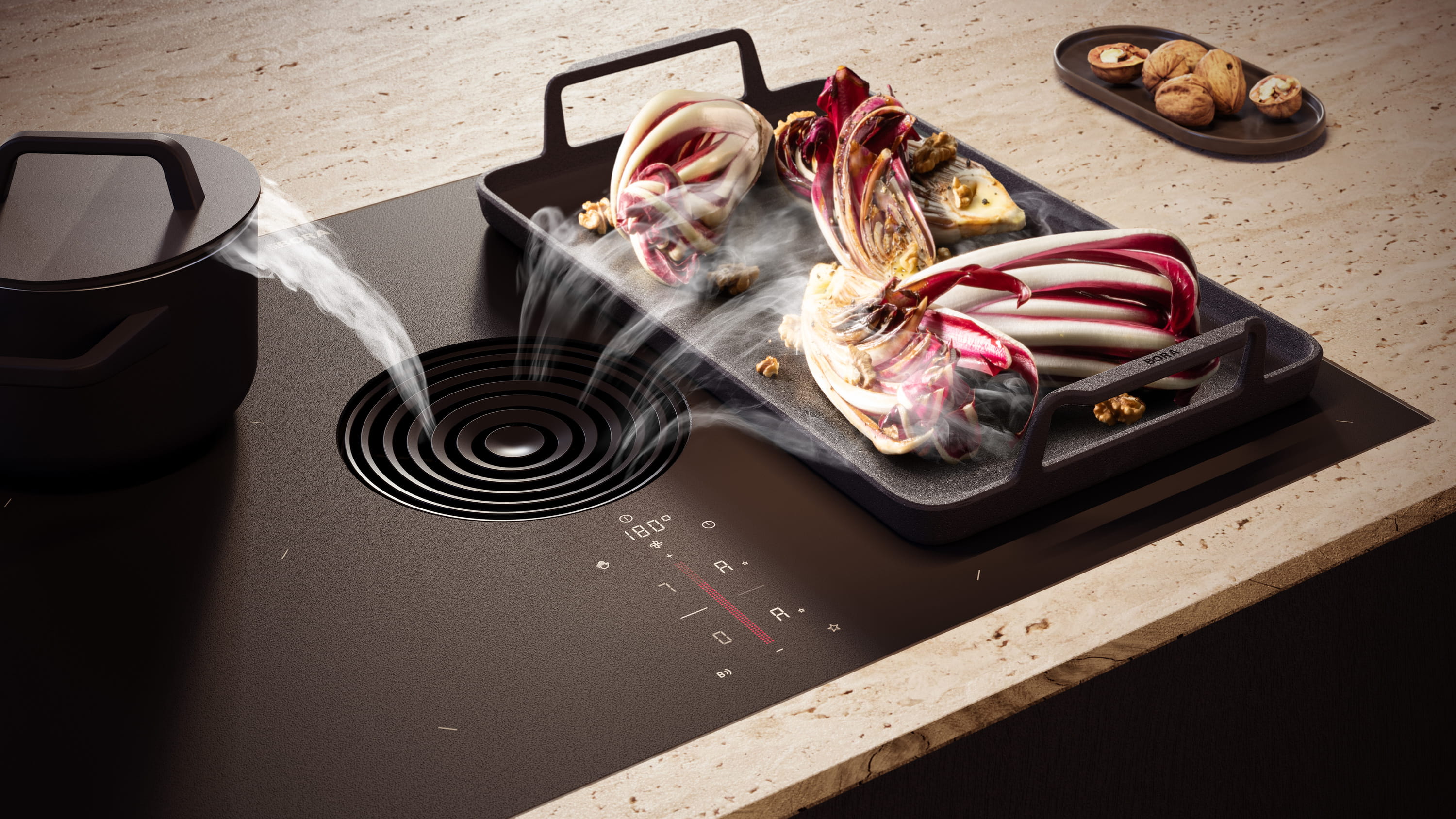 M PURE - Table de cuisson induction avec dispositif aspirant et Bora Assist (version recyclage) verre mat