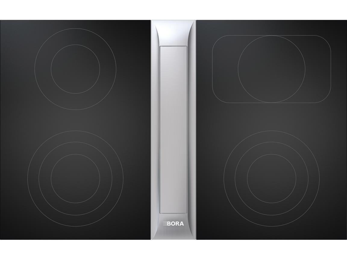 Set BORA Professional 3.0 PKAS3HL vu de dessus : dispositif aspirant inox entre deux tables HiLight