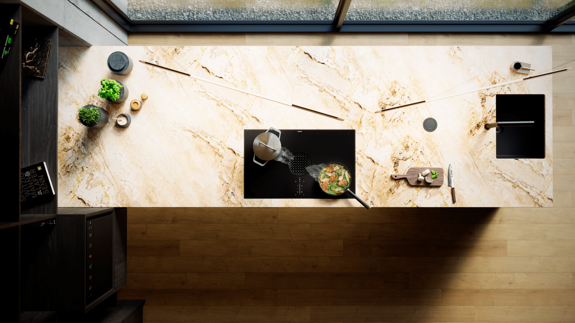 X PURE Rough (verre mat) - Table de cuisson induction à zones continues avec dispositif aspirant et Bora Assist (version recyclage)