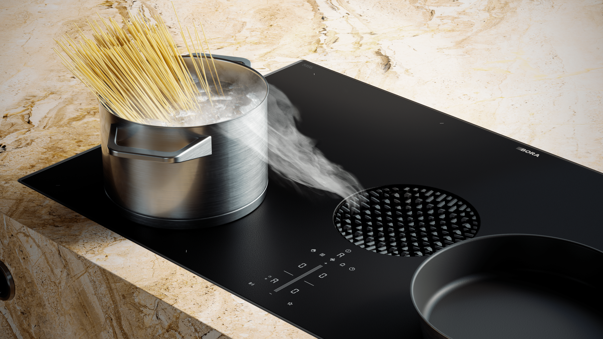 X PURE Rough (verre mat) - Table de cuisson induction à zones continues avec dispositif aspirant et Bora Assist (version recyclage)