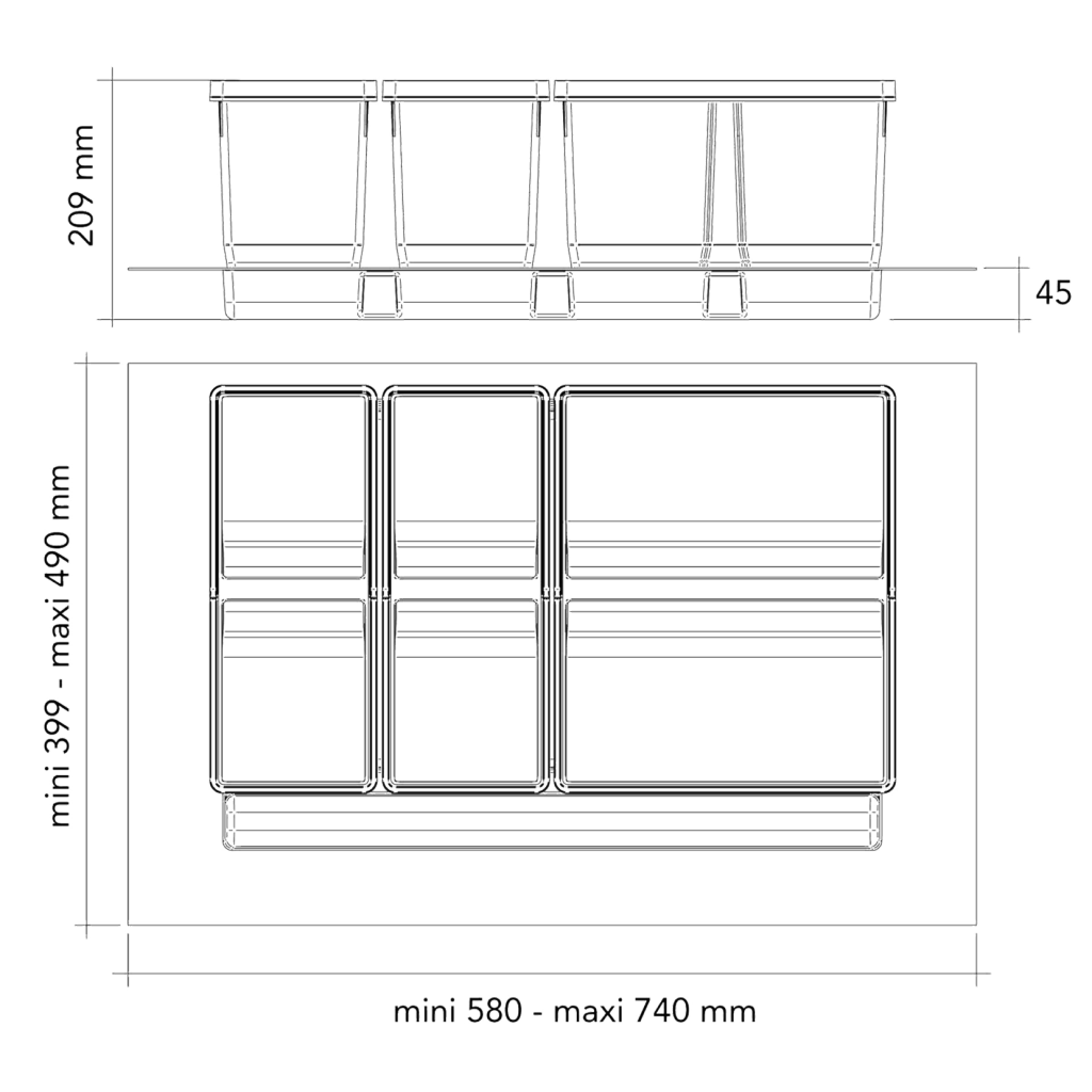 Collecteur composé de 3 seaux avec couvercles : 1 x 20L + 2 x 9L et d'1 séparateur de bac - pour tiroir de 800mm - H. 209mm - MSA 4938