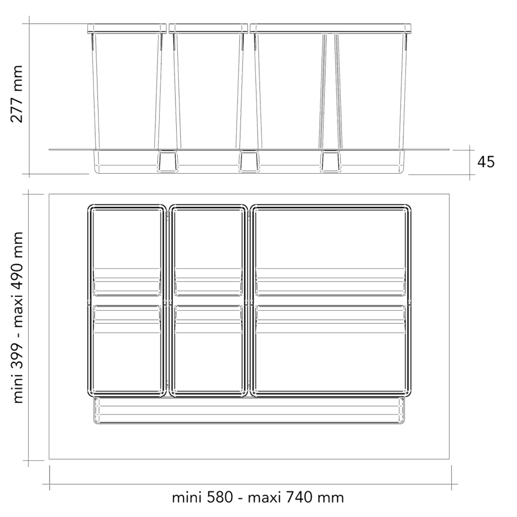 Collecteur composé de 3 seaux avec couvercles : 1 x 26L + 2 x 11L et d'1 séparateur de bac - pour tiroir de 800mm - H. 277mm - MSA 4948