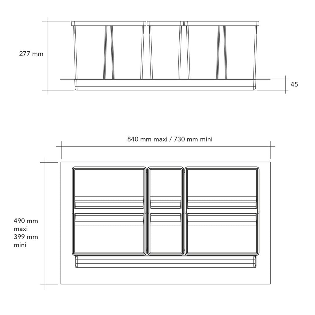 Collecteur composé de 3 seaux avec couvercles : 2 x 26L + 1 x 11L et d'1 séparateur de bac - pour tiroir de 900mm - H. 277mm - MSA 4963