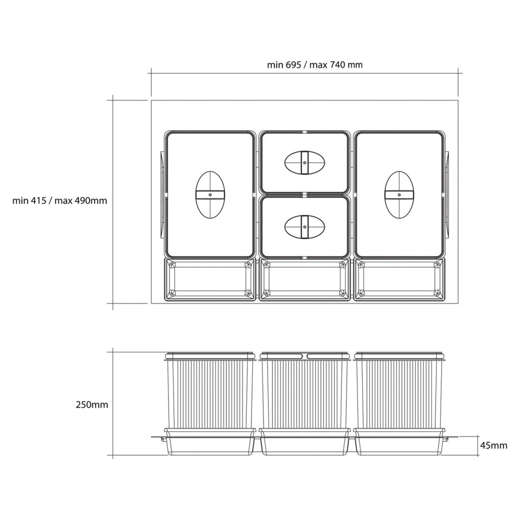 Collecteur composé de 4 seaux avec couvercles : 2 x 14L + 2 x 6,5L et de 3 bacs amovibles - pour tiroir de 800mm - H. 250mm-finition Gris - MSA 4902
