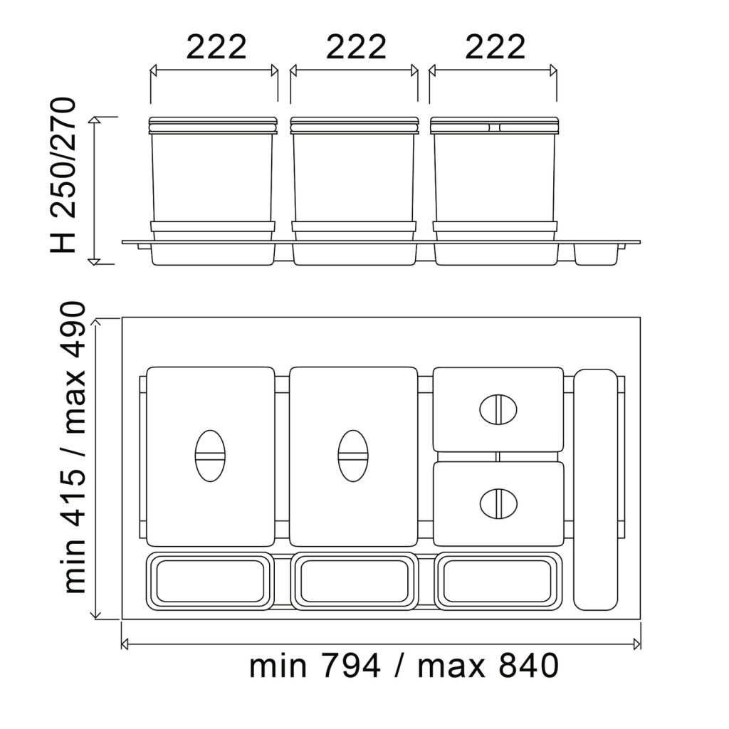 Collecteur composé de 4 seaux avec couvercles : 2 x 14L + 2 x 6,5L et de 3 bacs amovibles - pour tiroir de 900mm - H. 250mm - MSA 4906