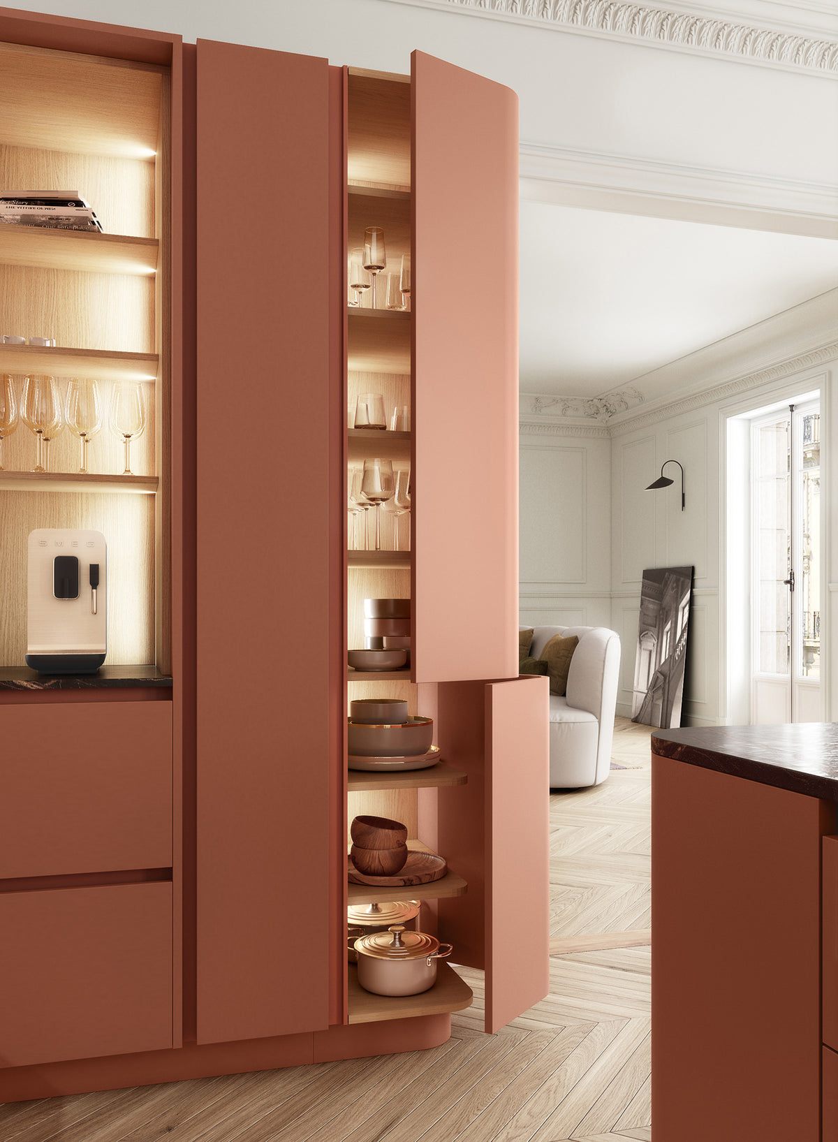 Colonne ÉMERAUDE terracotta et niches en chêne AUTEUIL, cuisine Charles Rema