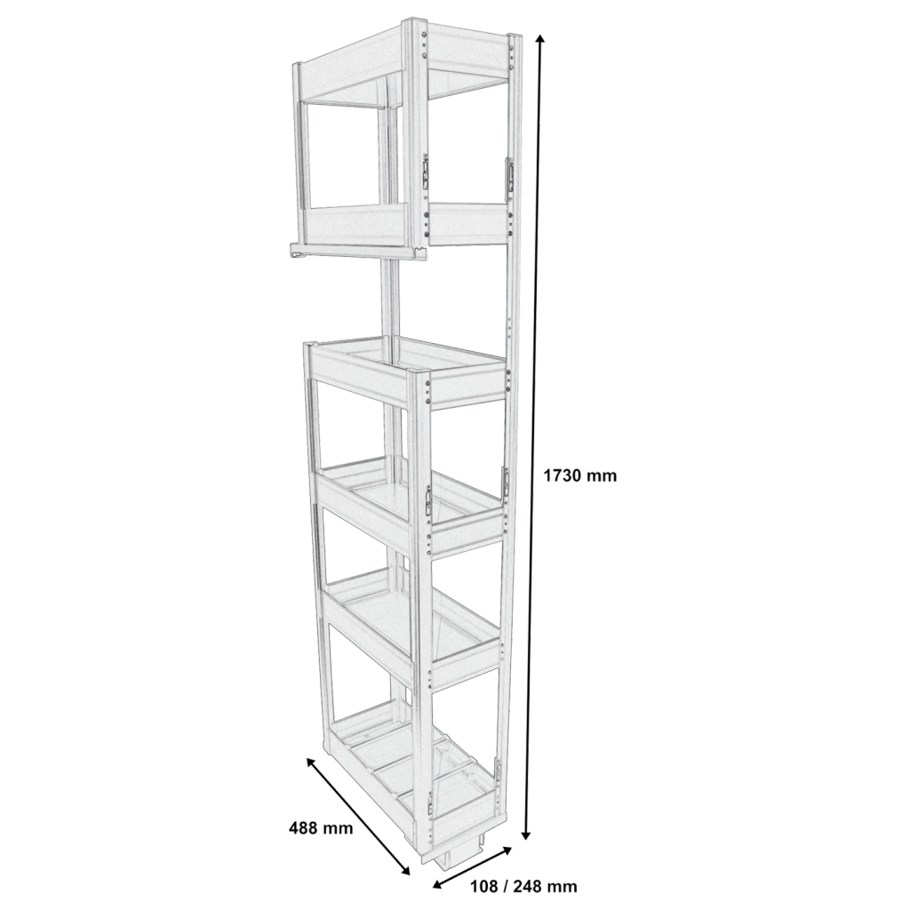 Colonne extractible 6 paniers pour meuble de 150mm - hauteur interne de 1730mm - finition aluminium