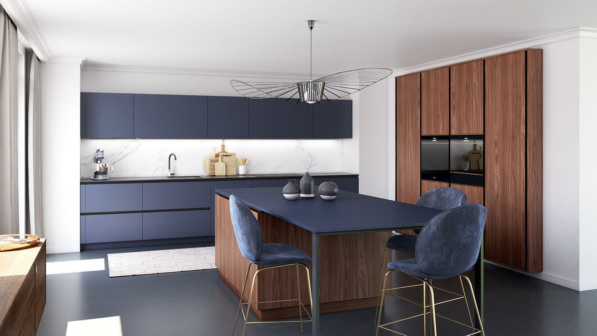 Cuisine AMBRE et HORTENSIA Charles Rema, placage noyer et Fenix bleu Fès mat