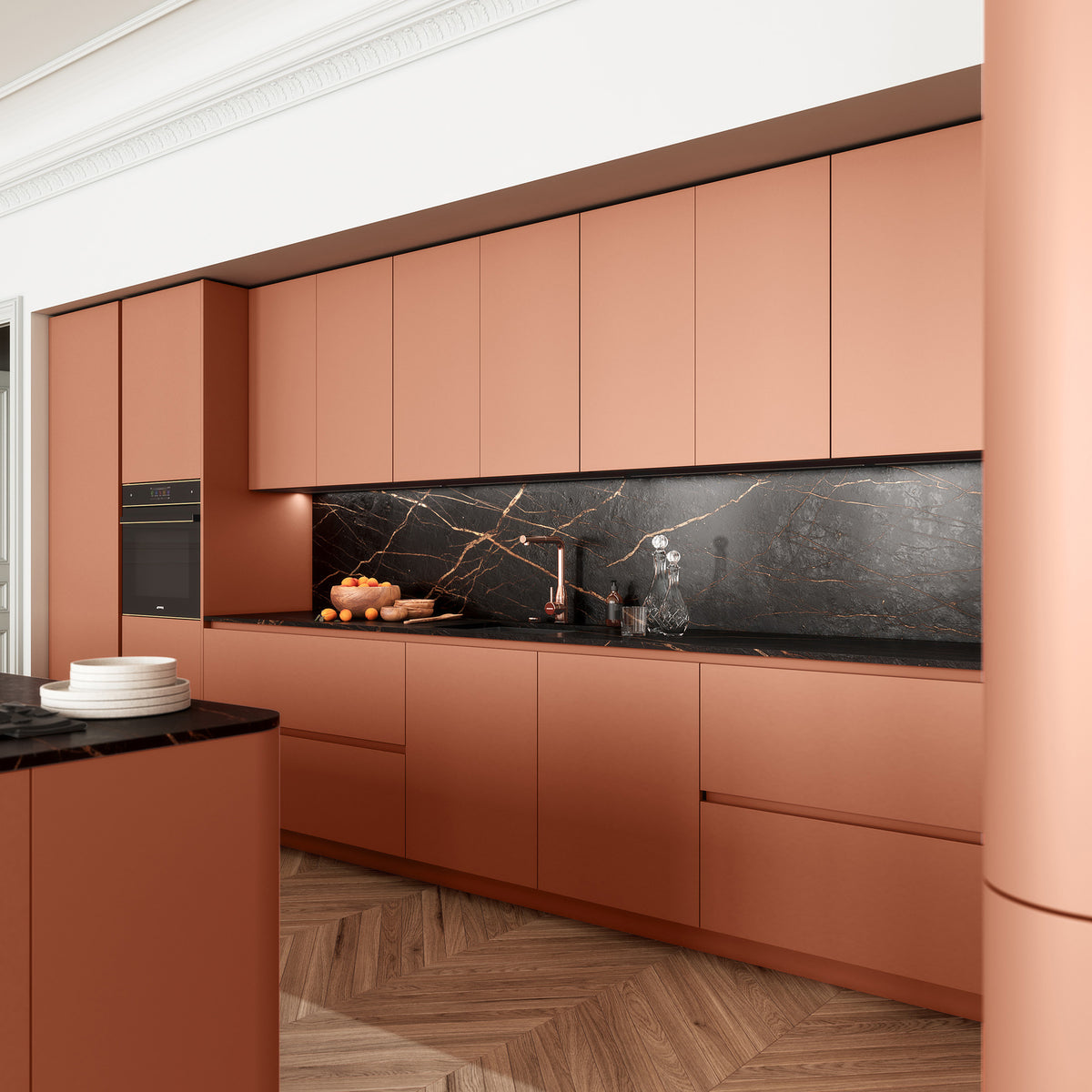 Linéaire ÉMERAUDE Charles Rema terracotta sans poignée, crédence Dekton noir