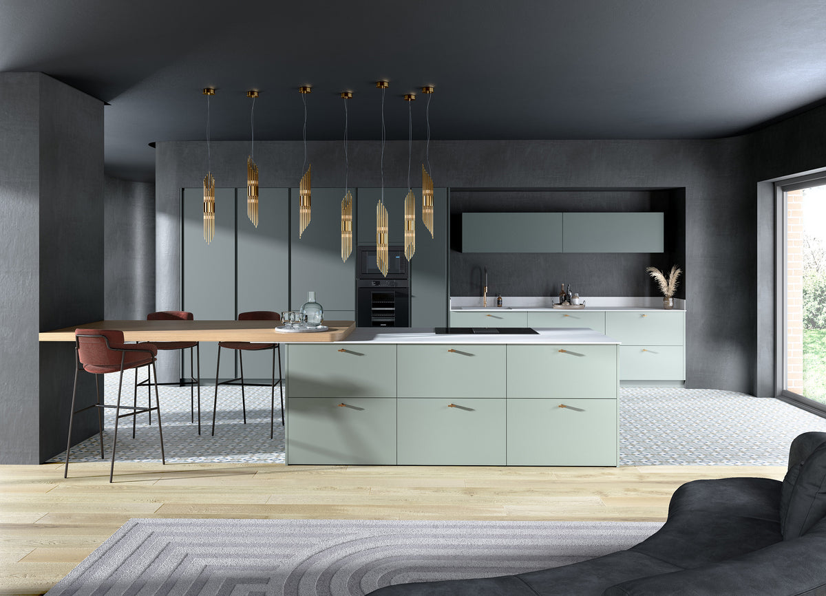 Cuisine IRIS Charles Rema en mélaminé velours vert avec îlot central