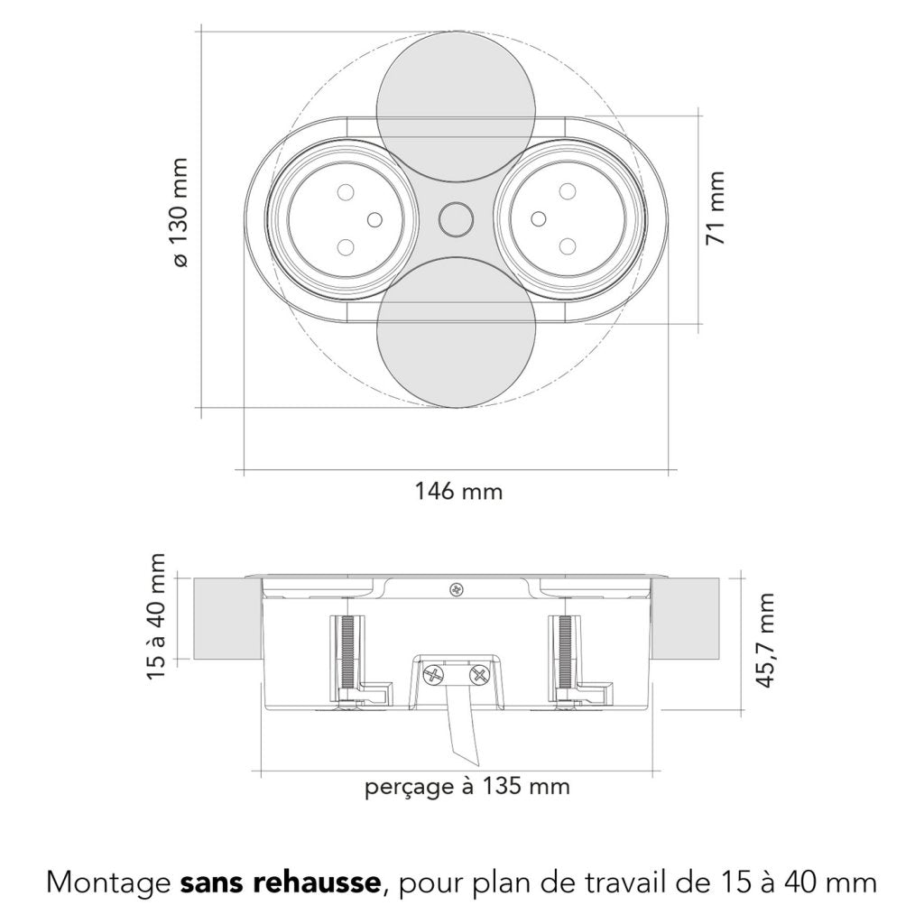 Bloc 2 prises EIGHT affleurant à encastrer dans un plan de travail de 5 à 40mm - finition or mat - 16A - 230V - 2P+T