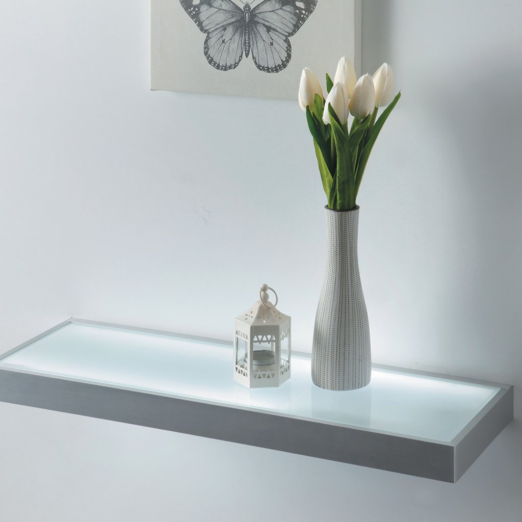 Etagère lumineuse LED (450 x 200 x 40) avec convertisseur intégré - profil en aluminium brossé et verre dépoli dessus et dessous - charge maxi de 4,5kg - puissance 7W / 400lm - 12VDC - 4000K