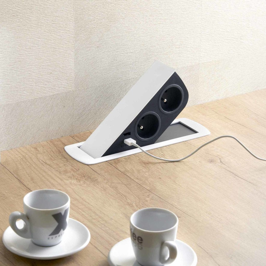 Bloc 2 prises + 2 USB (2A - 5V) CIZO affleurant à encastrer dans le plan de travail de 5 à 40mm (avec une réhausse incluse) - finition blanc mat (RAL 9010) - 16 A - 230V - 2P+T