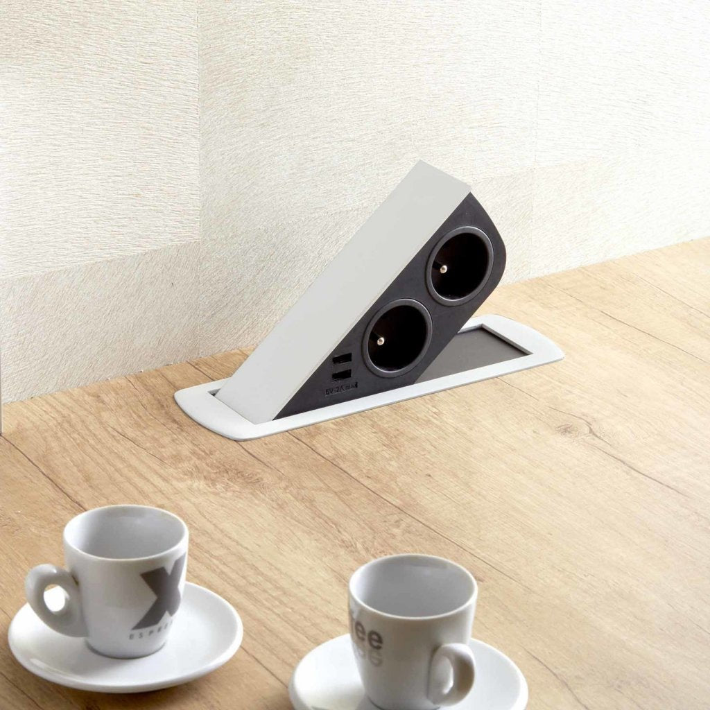 Bloc 2 prises + 2 USB (2A - 5V) CIZO affleurant à encastrer dans le plan de travail de 5 à 40mm (avec une réhausse incluse) - finition blanc mat (RAL 9010) - 16 A - 230V - 2P+T