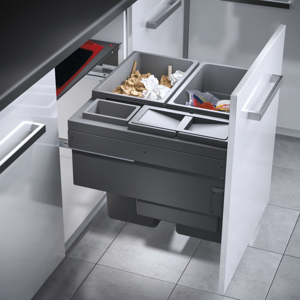 Poubelle grande capacité pour meuble de 600mm composée de 4 bacs avec couvercles : 2 x 38L + 1 x 12L + 1 x 2,5L - gris orion - H. 545mm - ouverture manuelle avec système SOFT