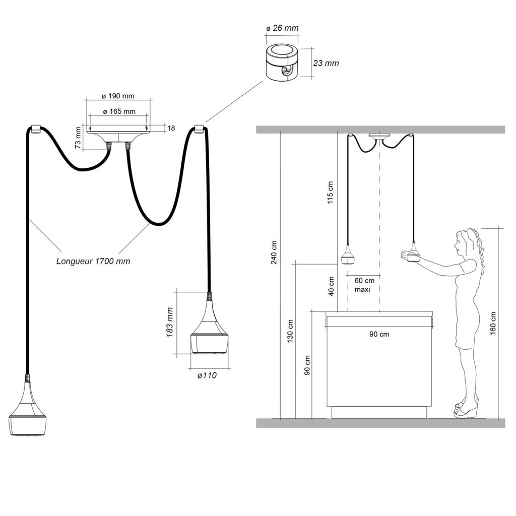 Double suspension MERCURY Cuivre mat-2x16A-Eclairage 2x5W