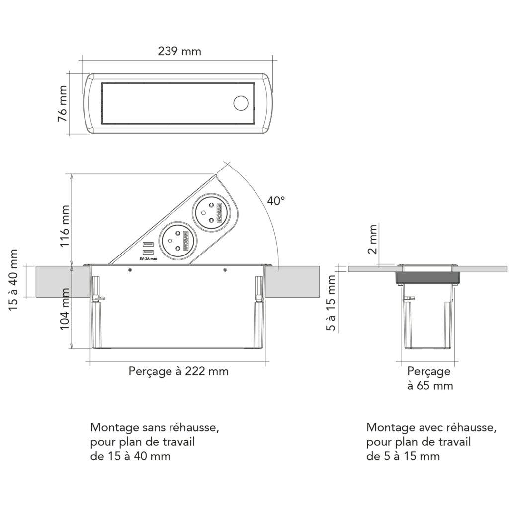 Bloc 2 prises + 2 USB (2A - 5V) CIZO affleurant à encastrer dans le plan de travail de 5 à 40mm (avec une réhausse incluse) - finition blanc mat (RAL 9010) - 16 A - 230V - 2P+T