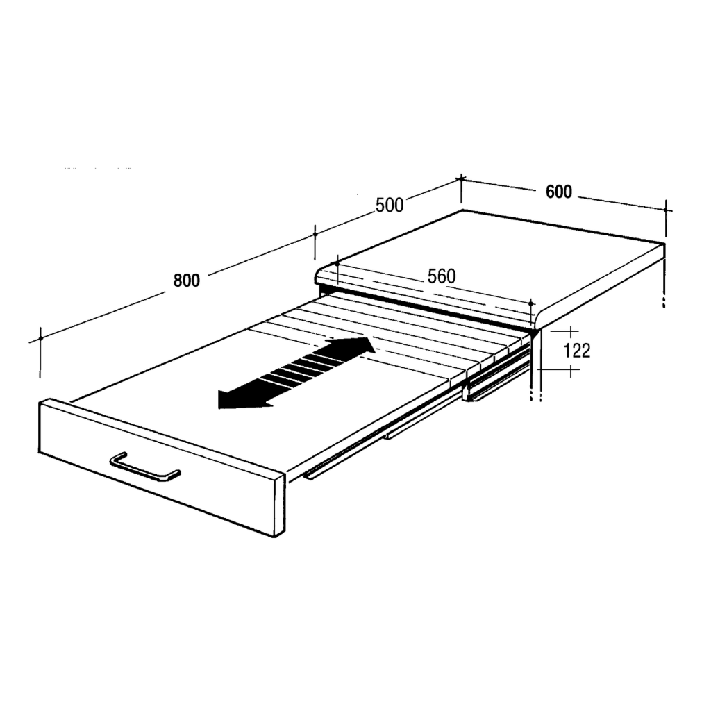 Table escamotable pour meuble de 600mm - 560 x 800mm-Encombrement 560x 500 mm (repliée)- finition gris aluminium - Hailo Rapid