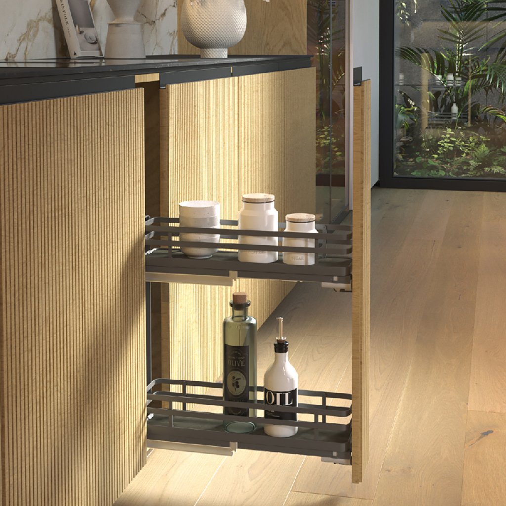 Fileur en métal laqué pour meuble de 150mm - finition gris - glissière à gauche - sortie totale avec système SOFT