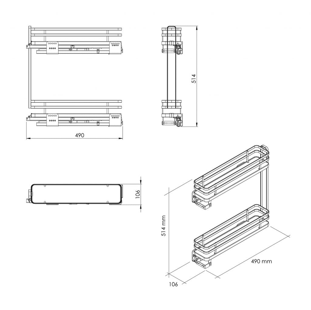 Fileur en métal laqué pour meuble de 150mm - finition gris - glissière à gauche - sortie totale avec système SOFT