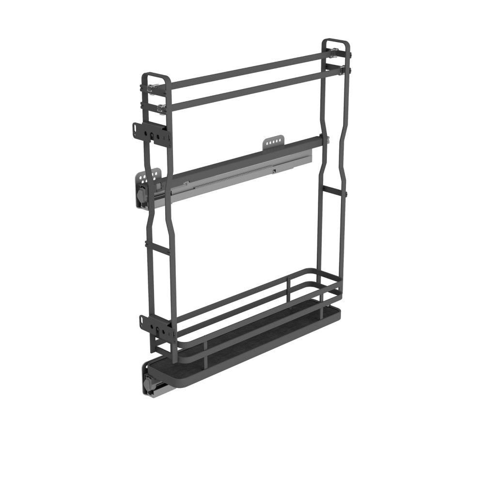 Fileur porte-torchon en fils carré gris avec fond en bois mélaminé gris pour meuble de 150mm - glissière à gauche - sortie totale avec système SOFT