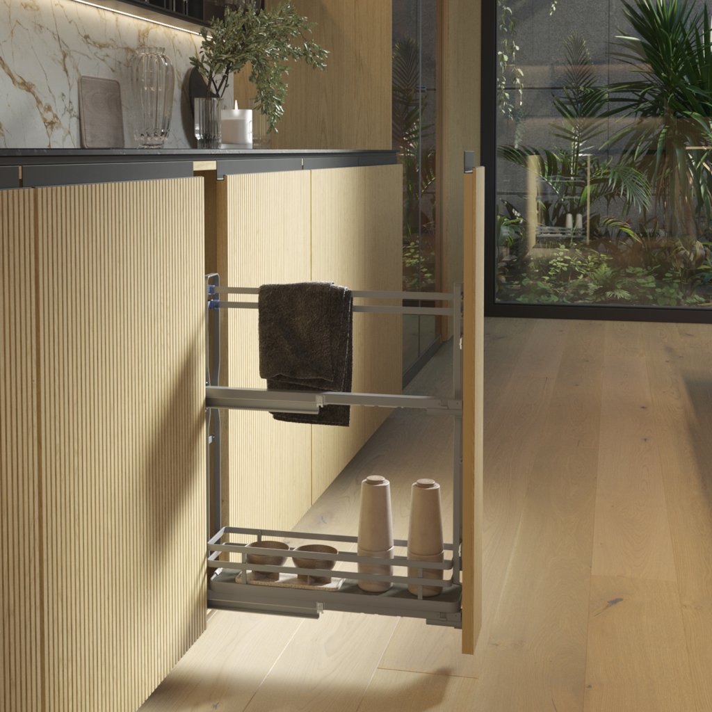 Fileur porte-torchon en fils carré gris avec fond en bois mélaminé gris pour meuble de 150mm - glissière à gauche - sortie totale avec système SOFT